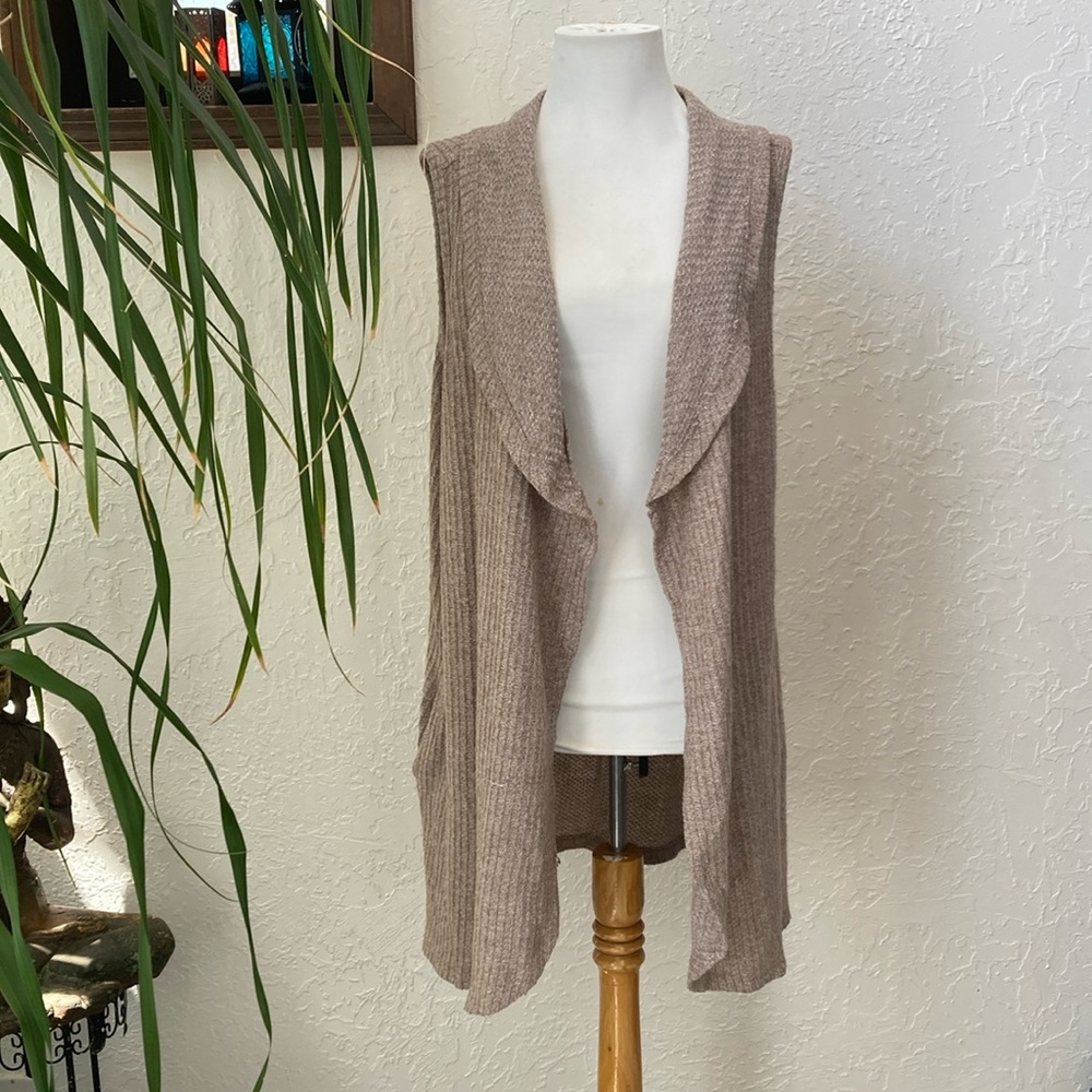 Tan Knit Vest with Draped Shawl Collar